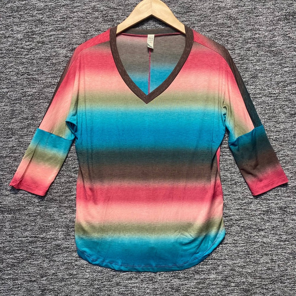 Flamingo V Neck Top Women Small Blue Pink Striped Ombre 3/4 Sleeve Casual Boho